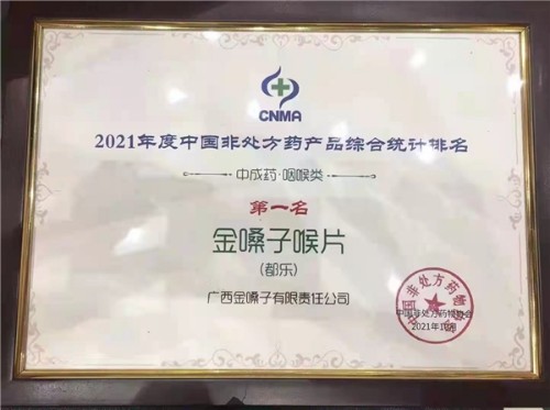 金嗓子喉片荣获“2021年度中国品牌盛典——中成药·咽喉类”第1名!